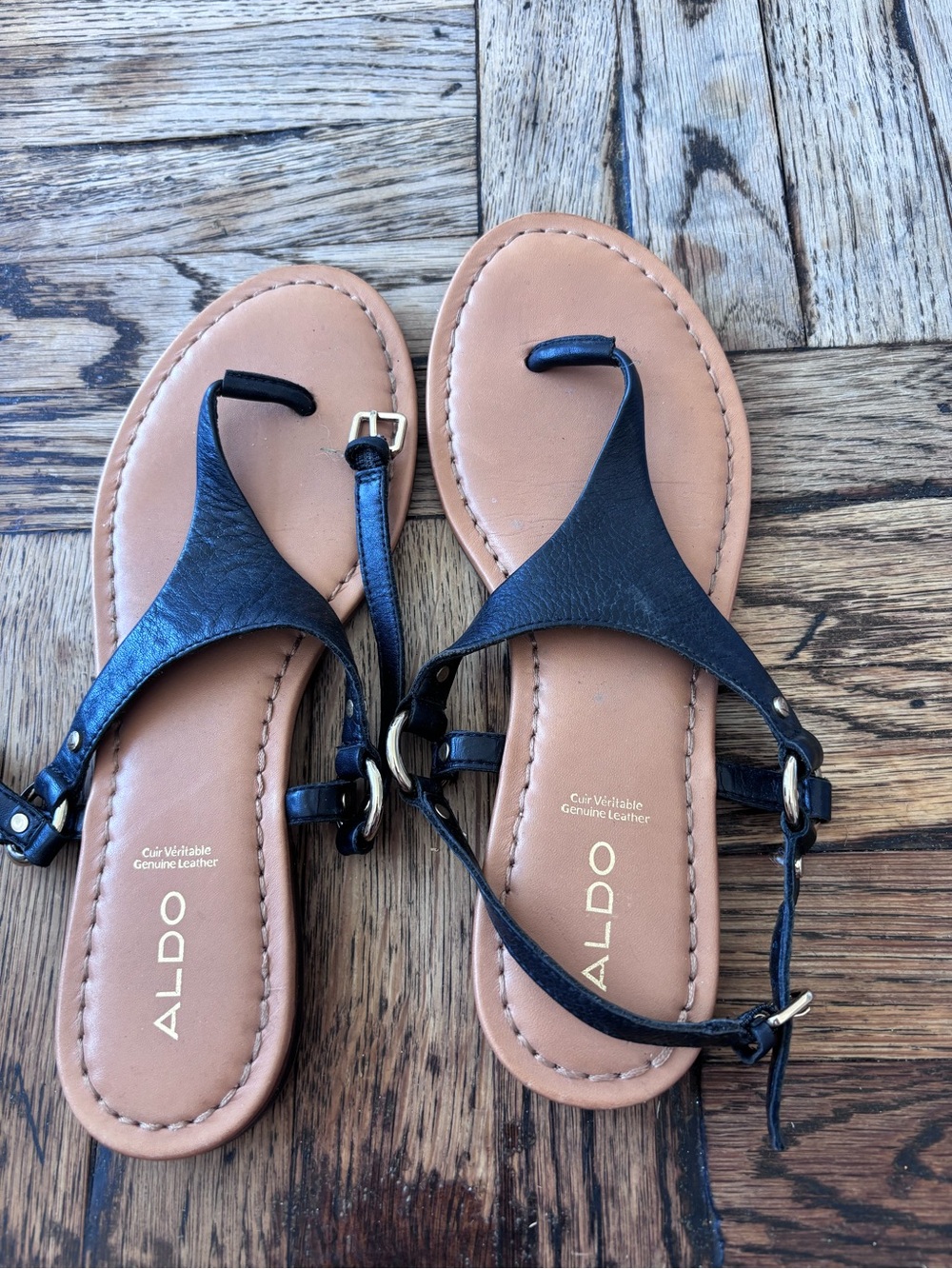 ALDO Black Leather Toe-Ring Sandals with Tan Footbed
